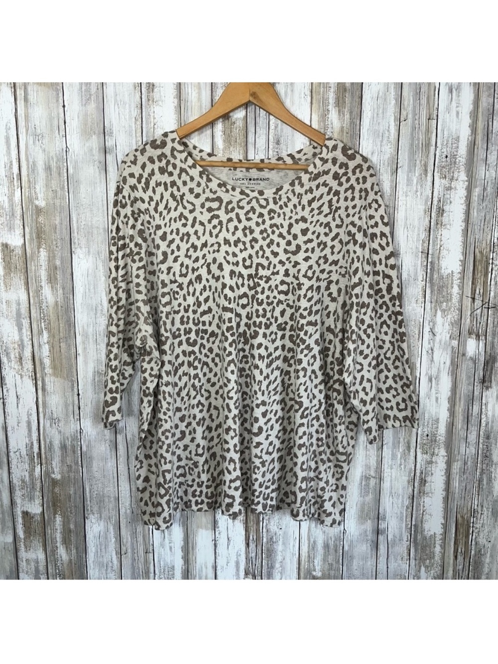 Lucky Brand Leopard Print Top 3X Plus Size Boho Oversized Tee Cream Brown